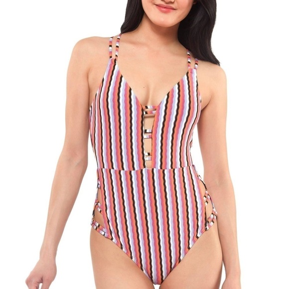 JESSICA Simpson Contemporary Got the Groove Double Strap Plunge One Piece Swim - Picture 1 of 12